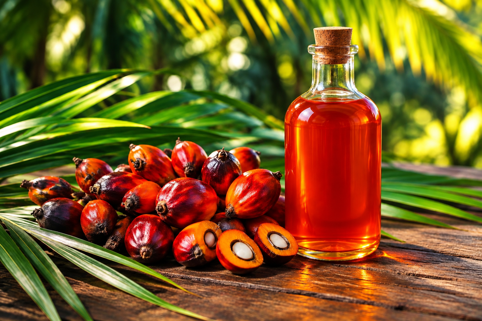 Bouteille d'huile de Palme de Guinée entourée de noix de palme fraîches