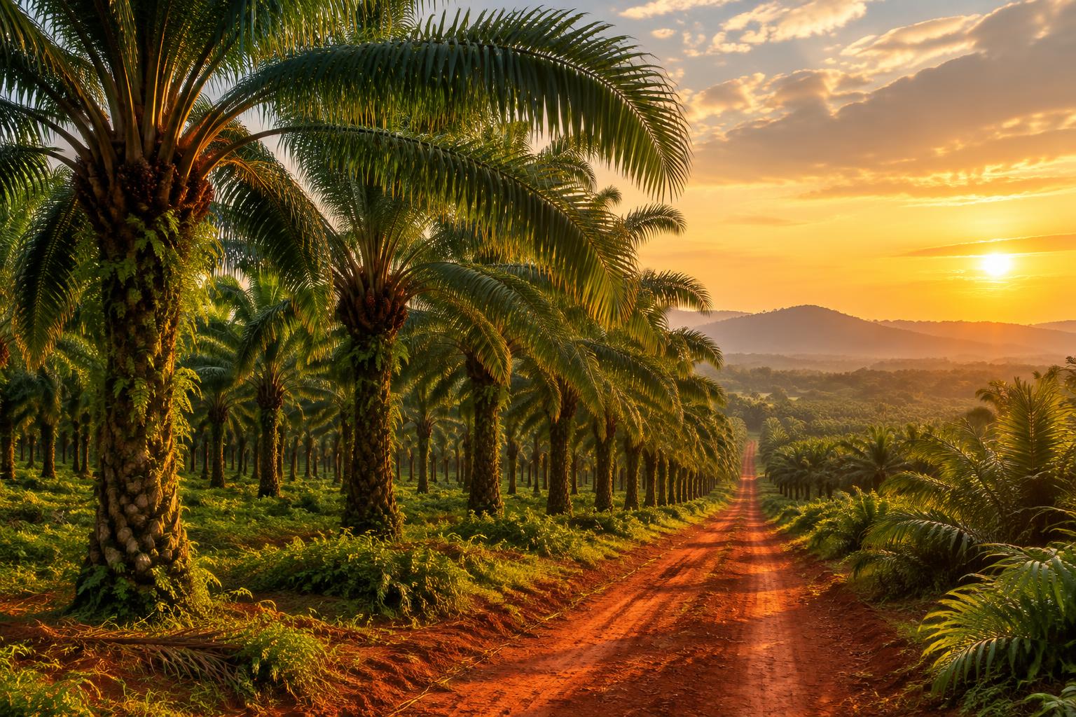 Palmeraie en Guinée au coucher du soleil